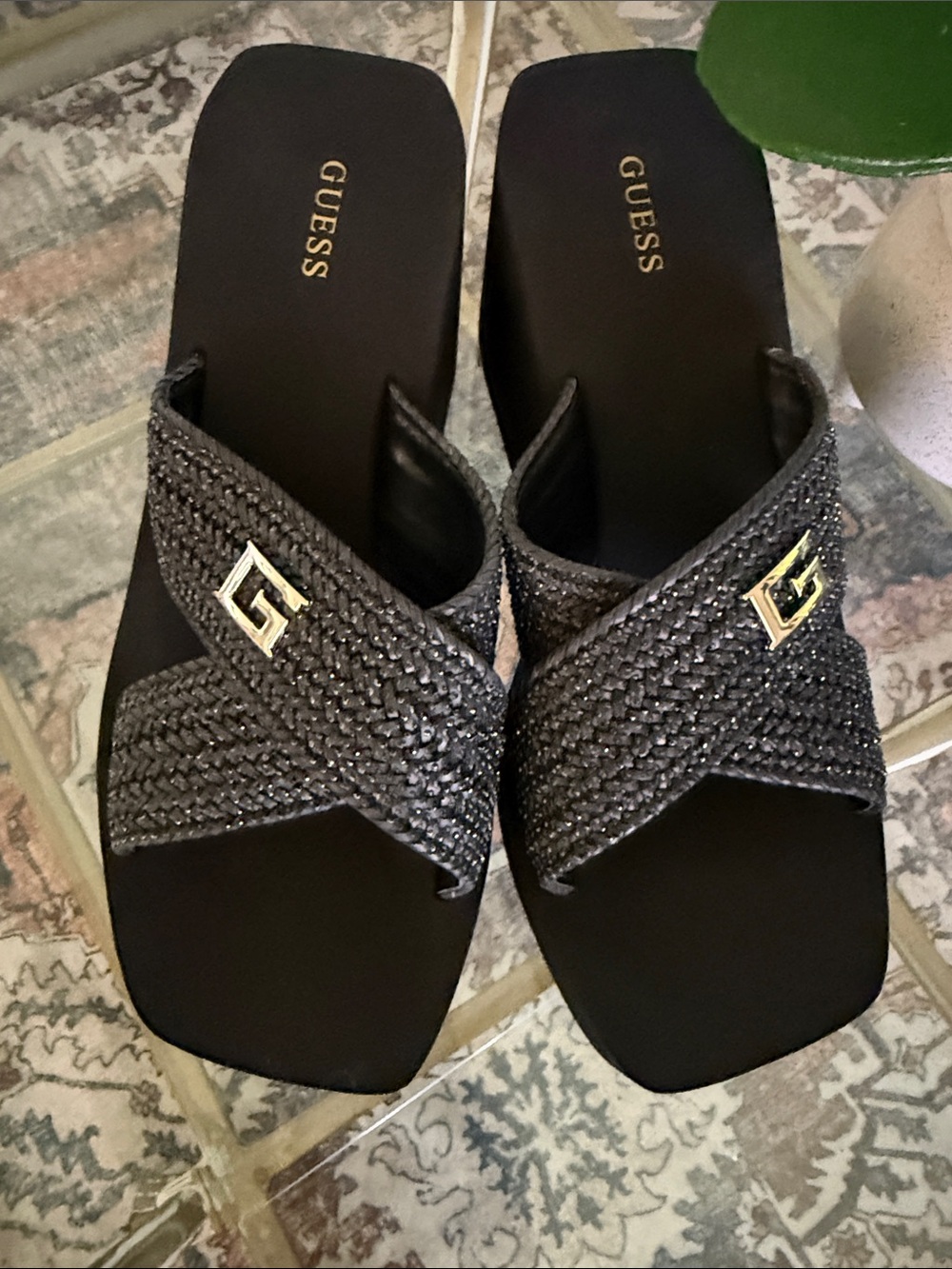 GUESS Women's Black Braided Crystal Slide Sandals